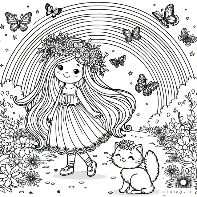 Une petite princesse aux cheveux longs se promène dans un magnifique jardin féerique, entourée de papillons multicolores. Elle est accompagnée de son fidèle chat qui porte une couronne de fleurs sur sa tête. Ils sont tous les deux près d'un grand arc-en-ciel.