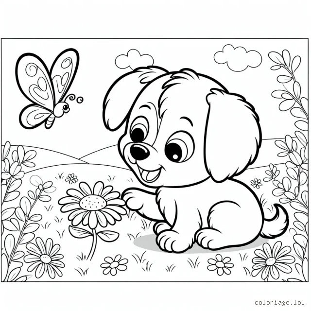 Un adorable chiot jouant avec un papillon dans un champ de fleurs