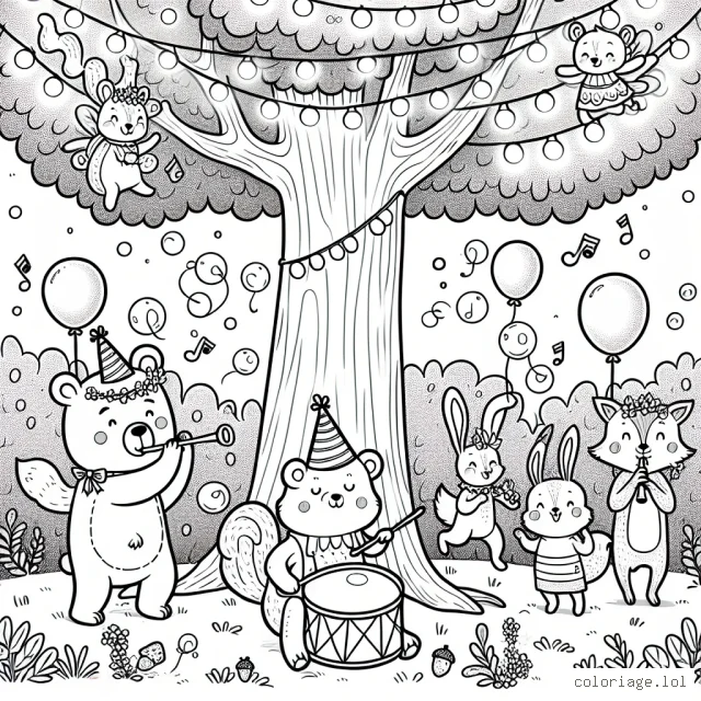 Dans une forêt enchantée, les animaux préparent une grande fête. Dessine un ours portant un chapeau de fête et jouant du tambour, un lapin soufflant des bulles savonneuses, un écureuil jonglant avec des glands, et un renard jouant de la flûte sous un grand chêne illuminé de lanternes féeriques.