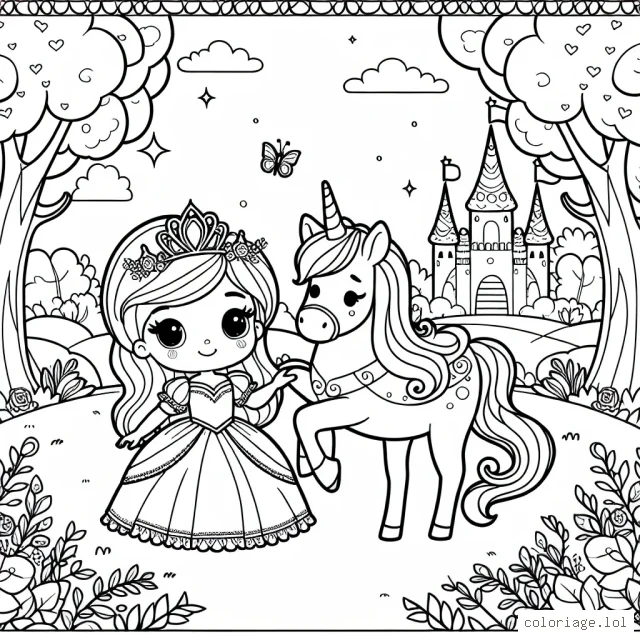 La princesse Maeva avec sa licorne magique dans un jardin enchanteur