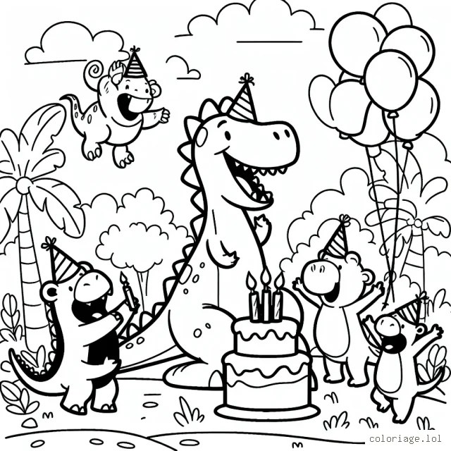 Dessine un dinosaure joyeux en train de célébrer son anniversaire avec ses amis mammifères dans la jungle.