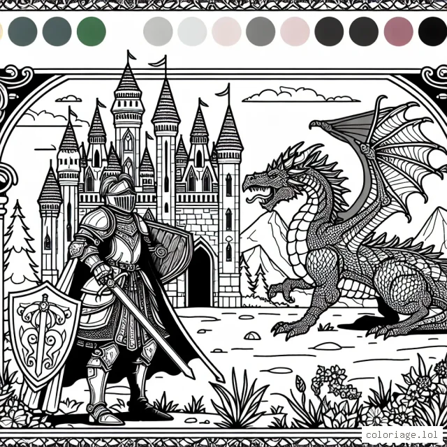 Imagine que tu es un courageux chevalier qui se tient devant un immense château enchanté. À tes côtés, il y a un dragon majestueux. Peux-tu donner de la couleur à cette scène palpitante?