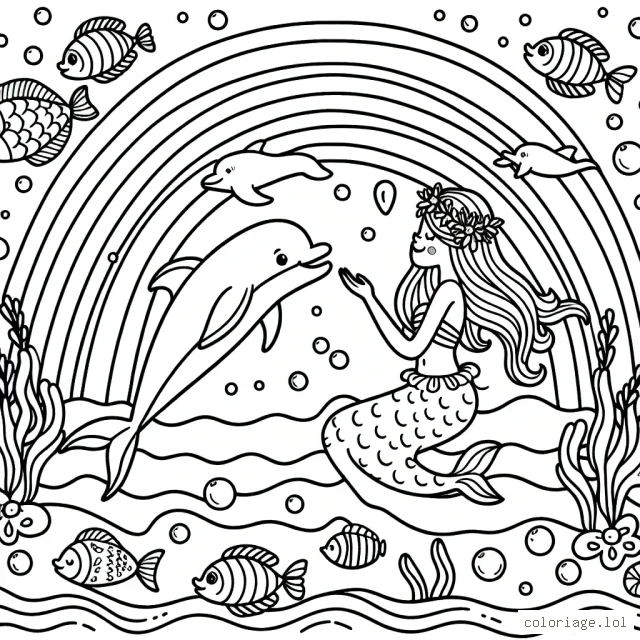 Dessine et colorie une sirène en train de jouer avec un dauphin sous un arc-en-ciel au fond de l'océan, entourée par des poissons de différentes formes et tailles.
