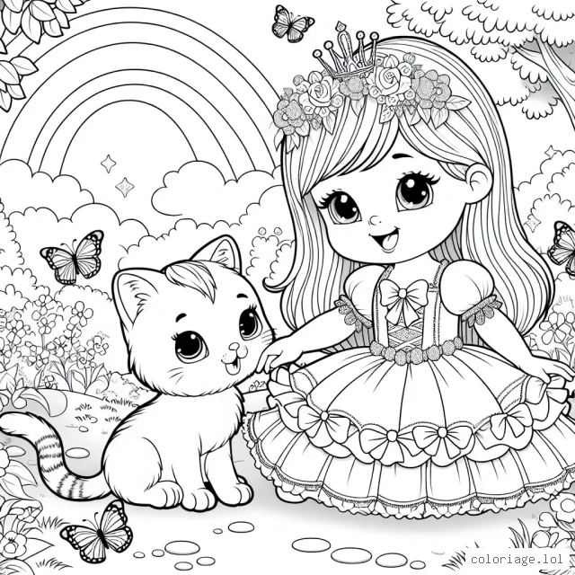 Une petite princesse joue avec un joli chaton dans une clairière enchantée, sous le regard bienveillant d'un arc-en-ciel et de papillons virevoltants.