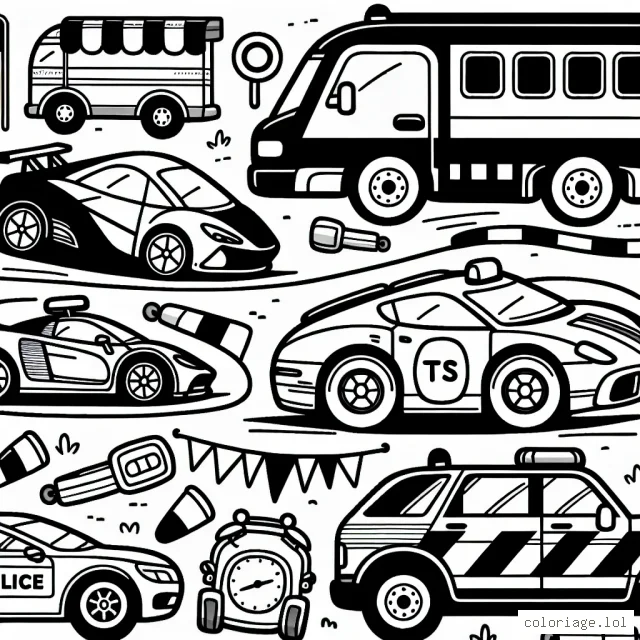 Dessine une course de voitures plein d'action avec différentes sortes de voitures - des voitures de sport, des camionnettes, des voitures de police et des voitures de course
