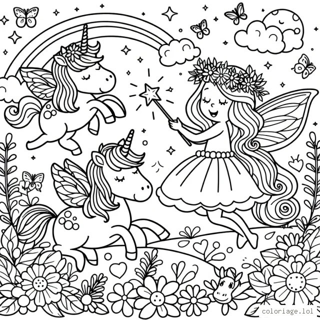 Dessine une fée enchantée, avec une baguette magique, jouant avec de belles licornes dans un royaume féerique rempli de fleurs