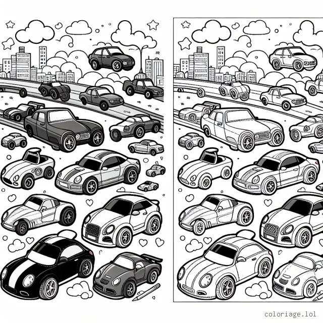 Crée un monde coloré de voitures de différentes formes, tailles et modèles. Du petit cabriolet à la grande berline de luxe, sans oublier les voitures de course ultra rapides. Utilise toute ta palette de couleurs pour donner vie à ces véhicules et les faire rouler à toute allure dans ton imagination !