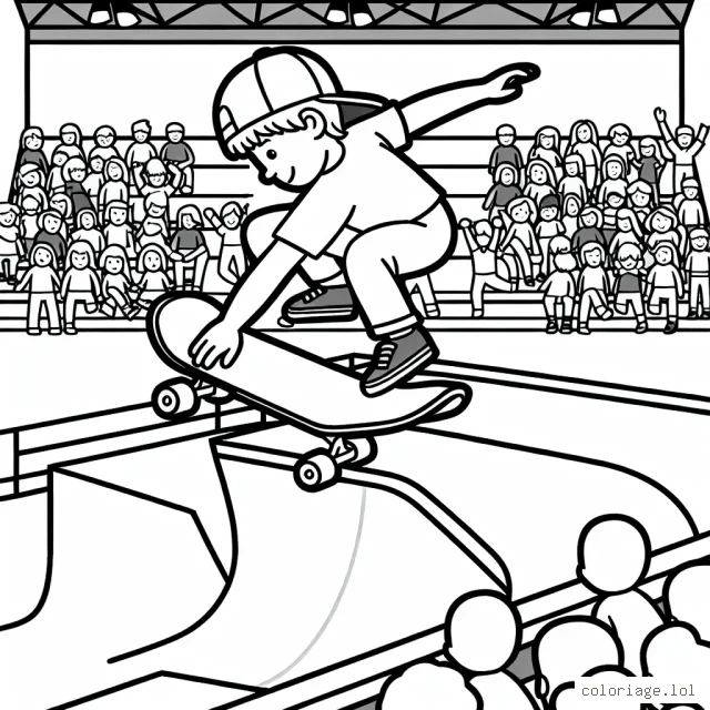 Un skateur faisant un saut audacieux par-dessus une rampe dans l'arène, avec des spectateurs en arrière-plan.