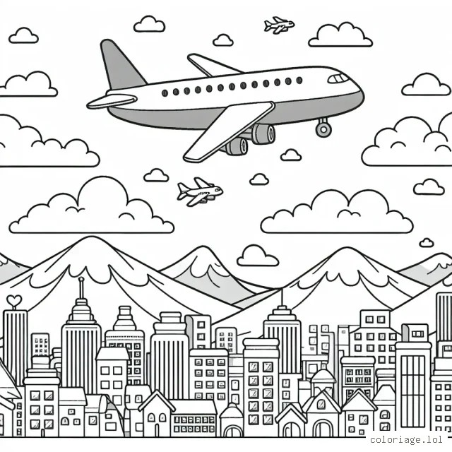 Un gros avion volant dans le ciel, survolant une ville aux nombreux bâtiments avec des montagnes à l'arrière-plan.