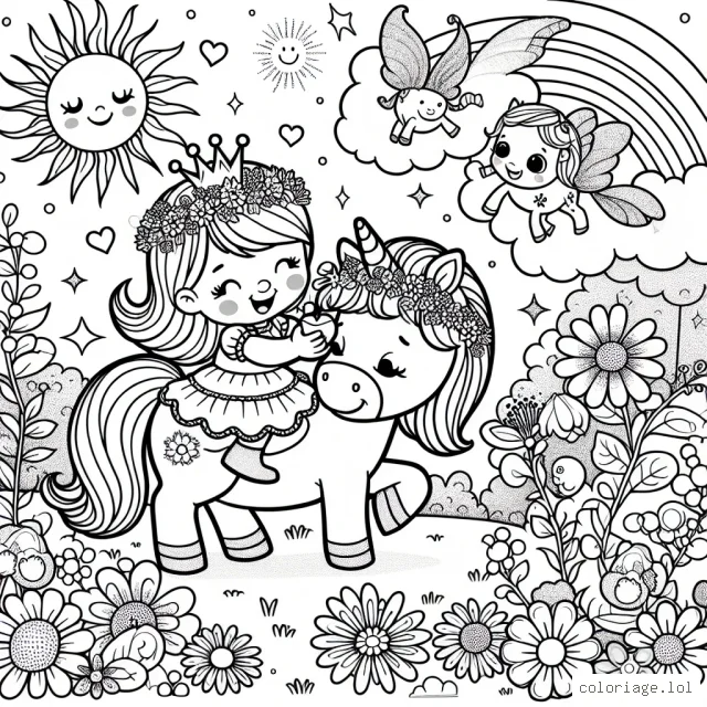 Une adorable petite princesse joue avec son poney magique dans un jardin enchanté, entourée de fleurs en fleurs et de farfadets pétillants. Le soleil souriant les regarde depuis le ciel. Imaginez les couleurs vives pour ce dessin, rendant la scène aussi vivante que possible.