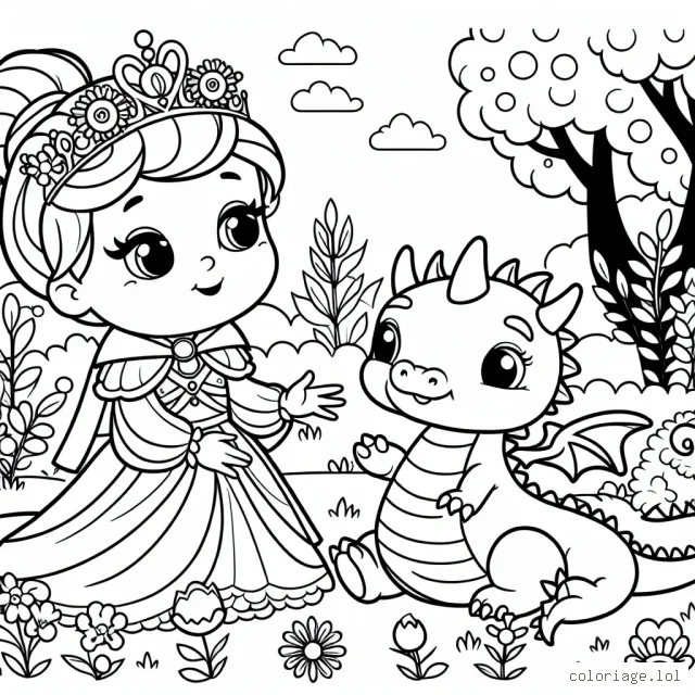 Une princesse sympathique en train de prendre soin d'un adorable dragon vert dans un jardin féerique