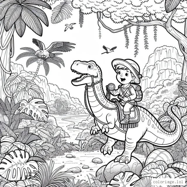 Un jeune explorateur chevauche un dinosaure robuste, émergeant d'une jungle dense, un trésor étincelant à la main. De multiples éléments sont en place pour travailler la motricité fine et la créativité des enfants. Il y a plusieurs espèces d'arbres et de plantes, des rochers détaillés, un chemin sinueux, et bien sûr, des types variés d’oiseaux colorés et exotiques.
