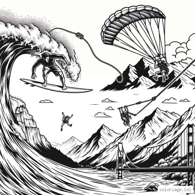 Un athlète chevauchant une vague géante sur sa planche de surf, avec Des montagnes à l'arrière-plan, et un cerf-volant extrême dans le ciel. Aussi, ajoutons un saut à l'élastique d'un pont à proximité, alors qu'un coureur de trail fait son chemin à travers le sentier abrupt de la montagne.