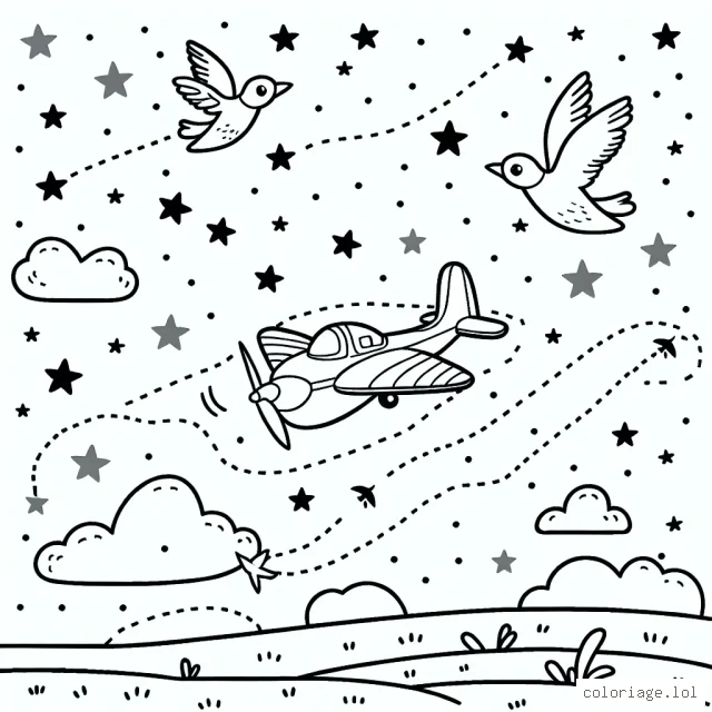 Dessinez un petit avion traversant un ciel étoilé accompagné par des oiseaux migrateurs