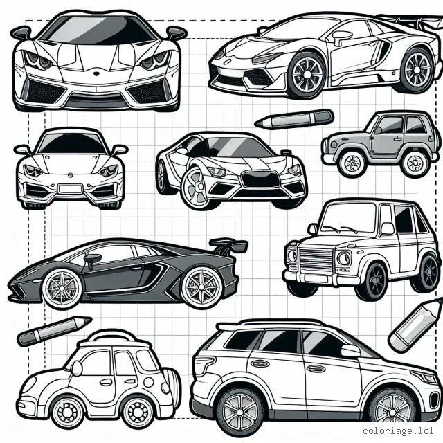 Dessine et colorie des voitures de différentes marques comme Ferrari, Porsche, Lamborghini, Renault & Toyota