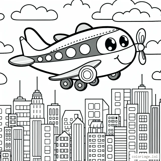 Un avion voyageur passant au dessus d'une ville animée