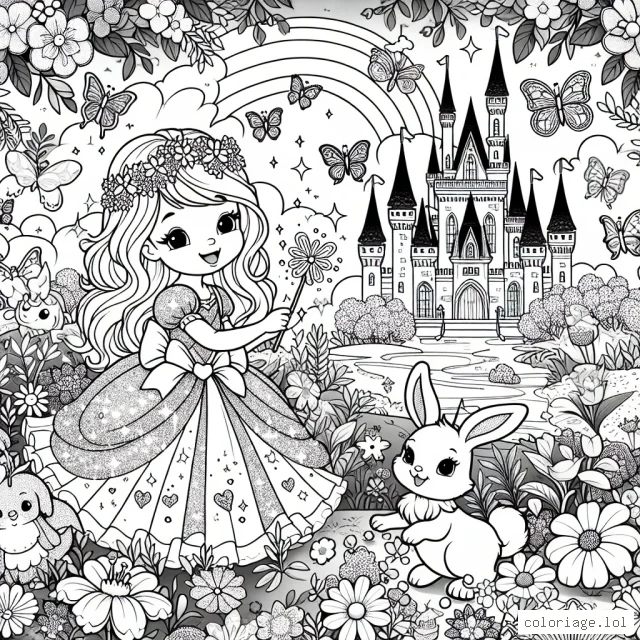 Un monde féérique s'ouvre devant vous, un palais de princesses entouré de jardins luxuriants, peuplé de créatures magiques. Une petite princesse avec une belle robe est au centre, entourée de papillons chatoyants. Tu peux la voir tient une petite baguette magique dans sa main et sourit à un mignon petit lapin. Tout autour d'elle, il y a des fleurs, des oiseaux, un arc-en-ciel et un grand château en arrière-plan.
