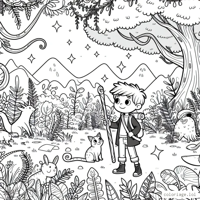 Un petit garçon aventurier fait une expédition dans une forêt mystique abondante de créatures magiques.