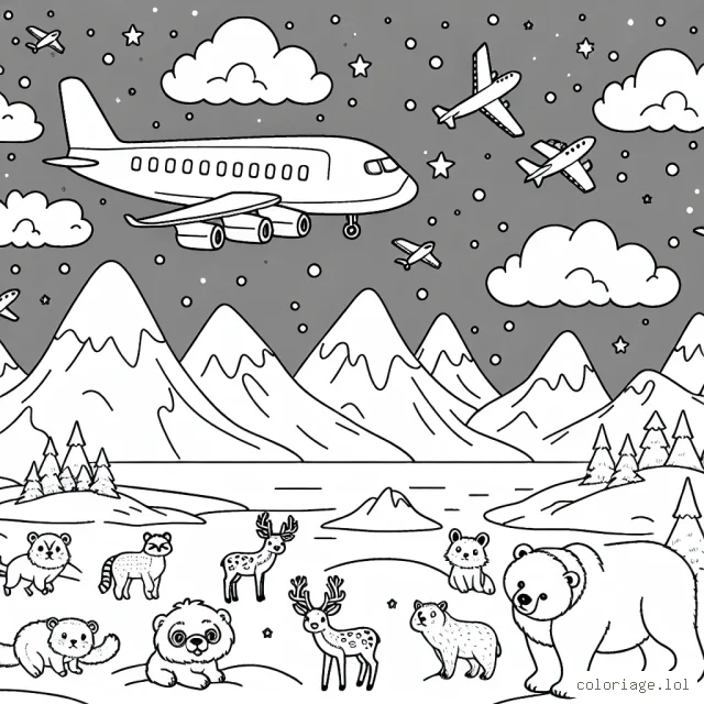Un avion survole des montagnes enneigées avec des animaux divers