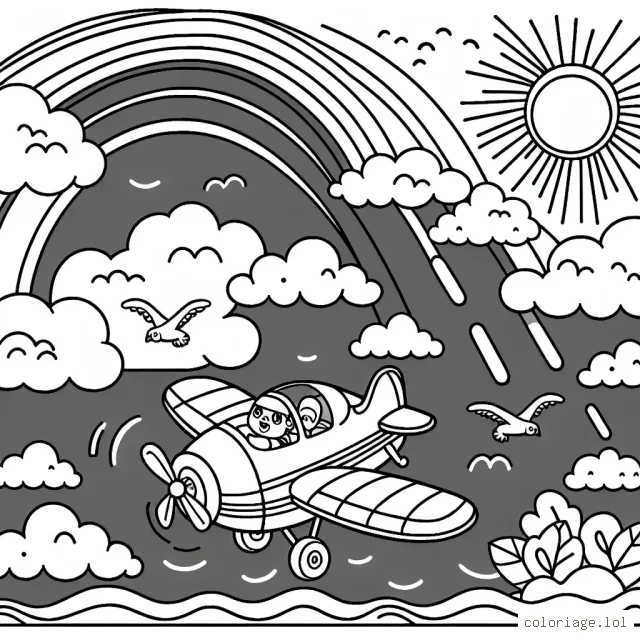 Tu es un pilote d'avion. Dessine ton avion coloré volant dans le ciel bleu avec le soleil qui brille et des nuages comme compagnie. N'oublie pas d'ajouter un arc-en-ciel magnifique et des oiseaux qui volent.