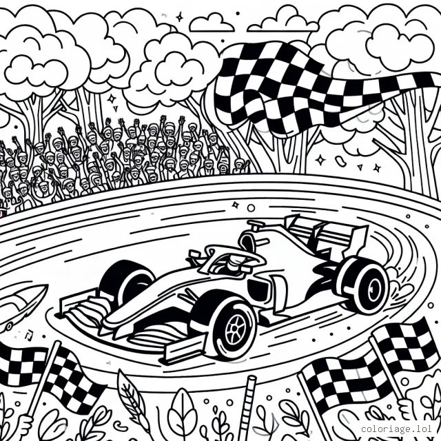 Dessine une voiture de course flamboyante filant à pleine vitesse sur un circuit animé, avec des arbres, des gradins remplis de spectateurs et des drapeaux flottants.