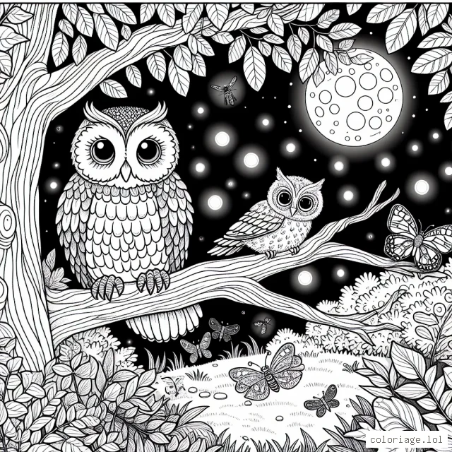 Dans un jardin foisonnant de la vie nocturne, une chouette aux yeux brillants est perchée sur une branche de chêne. Autour d'elle, des lucioles illuminent l'obscurité, leurs lumières petites mais puissantes. Au loin, un papillon de nuit est attiré par la lueur de la lune. Utilise tes couleurs préférées pour donner vie à cette scène de nuit enchantée.