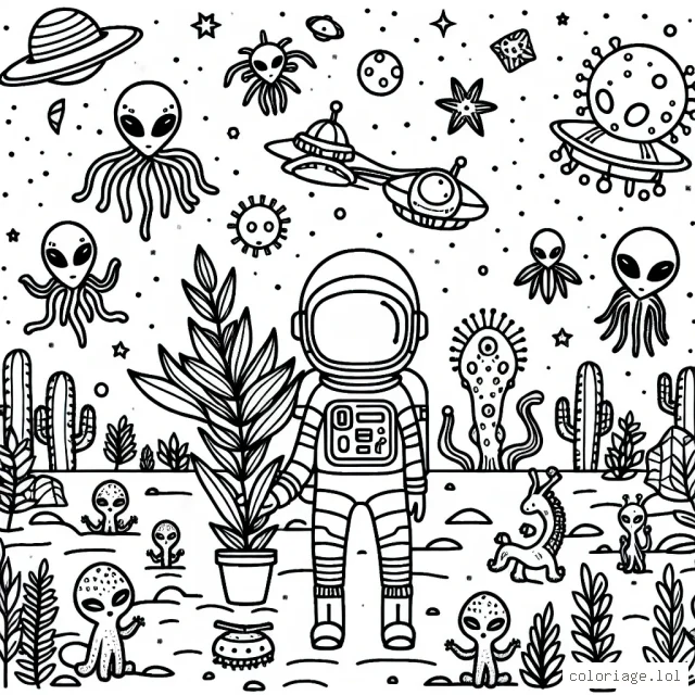 Un avant-poste spatial avec des aliens de différentes formes et un astronaute au centre, tenant une plante alien
