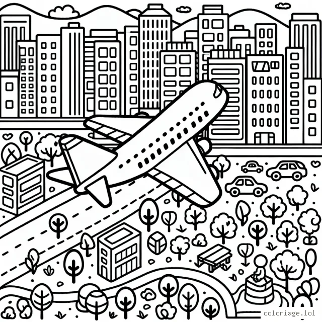 Dessine un avion volant au-dessus d'une ville animée, avec des édifices, des arbres et des gens au sol.