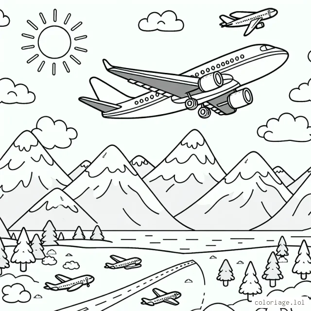 Un grand avion est en train de survoler des montagnes couvertes de neige. Des petits avions s'envolent d'un aérodrome en contrebas. Dans le ciel, le soleil brille et quelques nuages sont suspendus.