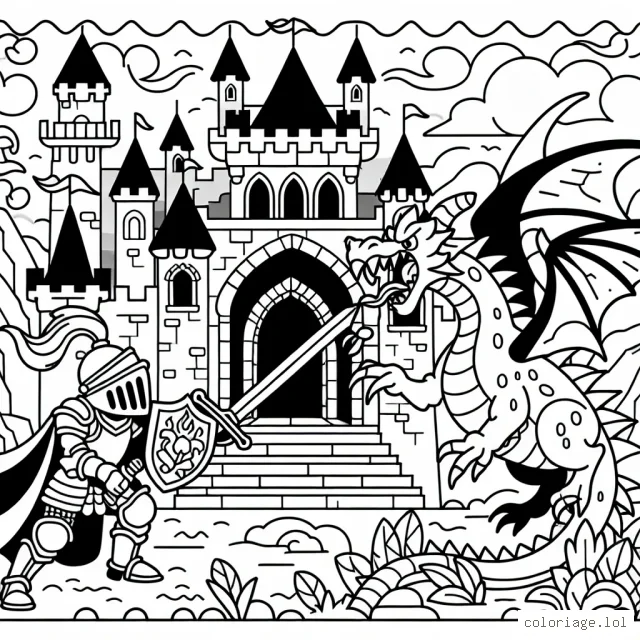 Colorie un chevalier courageux combattant un dragon féroce dans un grand château