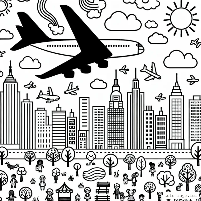 Dessine un avion de ligne volant haut dans le ciel parsemé de nuages, survolant une ville animée avec des gratte-ciels et un parc rempli de personnes et d'animaux. N'oublie pas d'ajouter des détails comme le soleil, les oiseaux et un arc-en-ciel.
