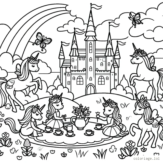 Imaginer et colorier un paysage enchanté avec des licornes et des fées prenant un thé party sous un grand et élégant château.