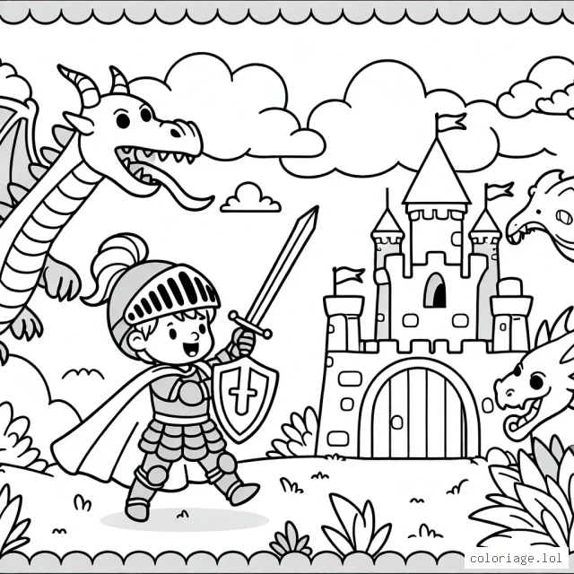 Un jeune chevalier courageux protégeant un château contre un dragon redoutable