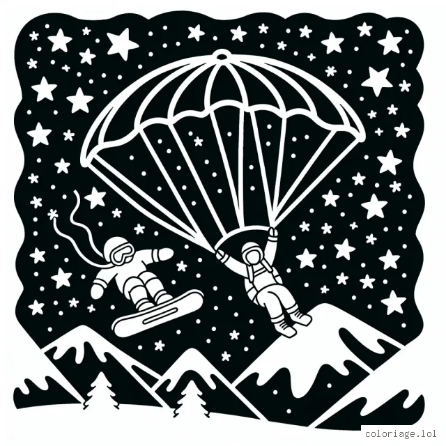 Dessinez un parachutiste volant à travers un ciel étoilé tandis qu'un snowboardeur s'élance depuis une montagne enneigée en arrière-plan