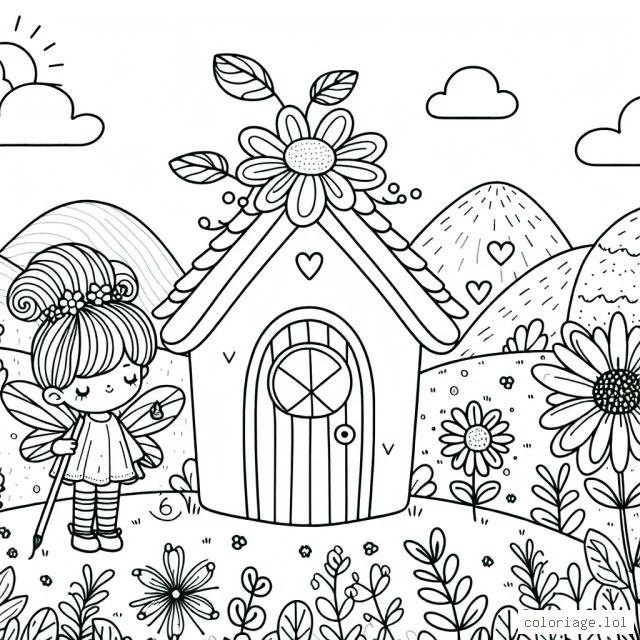 Dans un monde féerique, une petite fée nommée Lila vit dans une maison en forme de fleur. Décris et colorie ce paysage merveilleux et enchanteur avec Lila la fée.