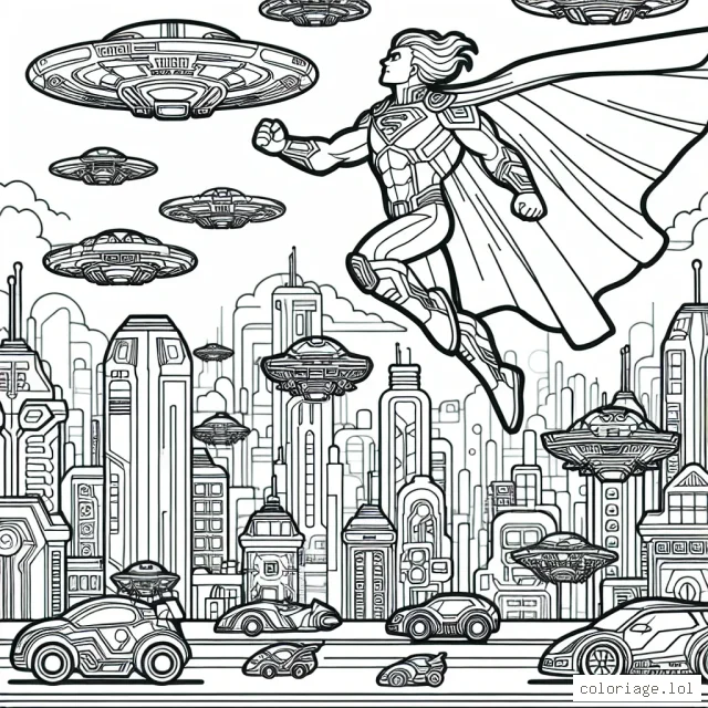 Image d'un super-héros volant au-dessus d'une ville futuriste avec différents véhicules volants