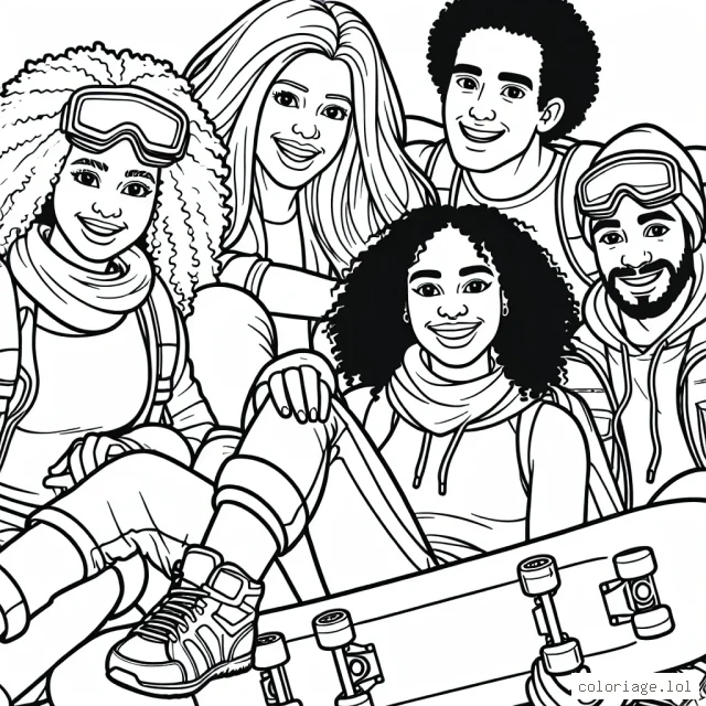 Un groupe d'amis aventuriers s'est réuni pour une journée excitante de sports extrêmes. Prêt à capturer leurs aventures pour tes crayons à colorier?