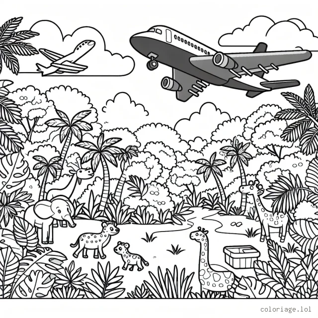 Un avion survole une jungle dense et peuplée d'animaux exotiques.