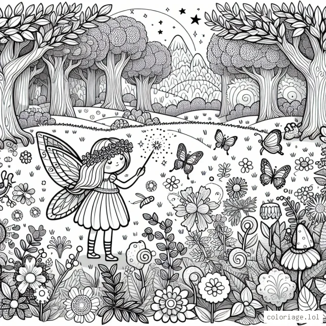 Un royaume féerique luxuriant est sous l'eveil du printemps. Au milieu de ce paysage, la petite fée des fleurs, avec sa baguette magique, s'apprête à réveiller la nature endormie. Tout autour d'elle, on voit des arbres, des fleurs de toutes sortes, des papillons, des oiseaux et des animaux de la forêt endormis. Tout est calme et paisible, attendant l'étincelle magique.