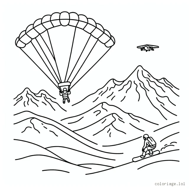 Dessine un parachutiste survolant une chaîne de montagnes enneigées avec un snowboardeur dévalant les pentes ci-dessous
