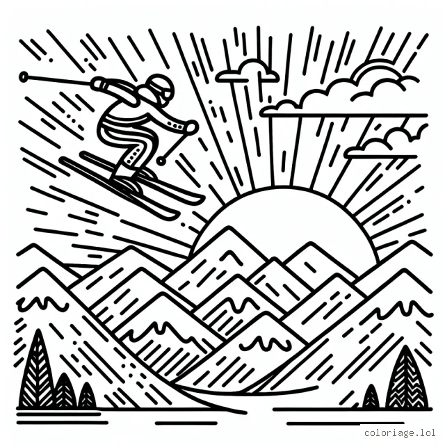 Un extrême skieur bondissant au-dessus des montagnes avec un lever de soleil brillant en arrière-plan