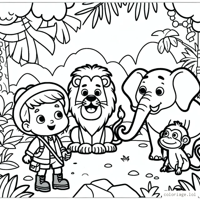 Dessine une jungle animée avec un petit garçon explorateur, un lion courageux, un singe fou et un éléphant amical!