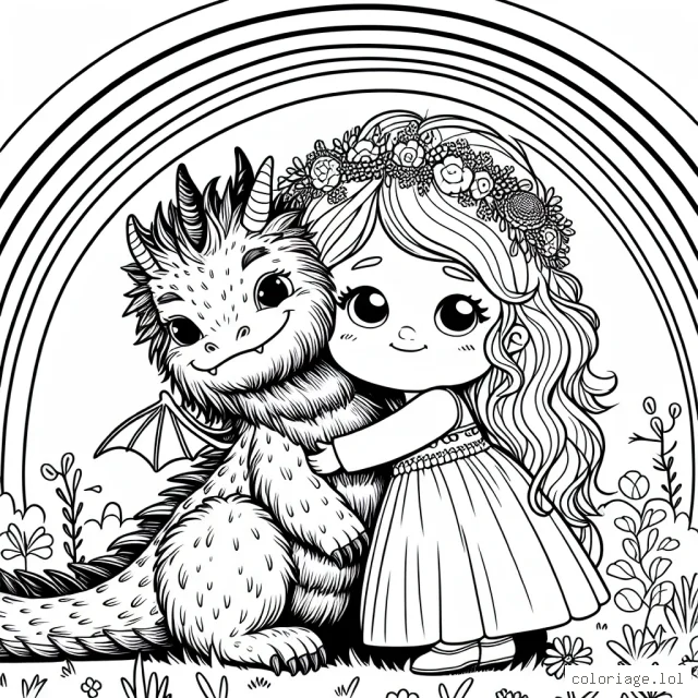 Imagine une scène féerique où une petite princesse câline un dragon chevelu sous un arc-en-ciel brillant.