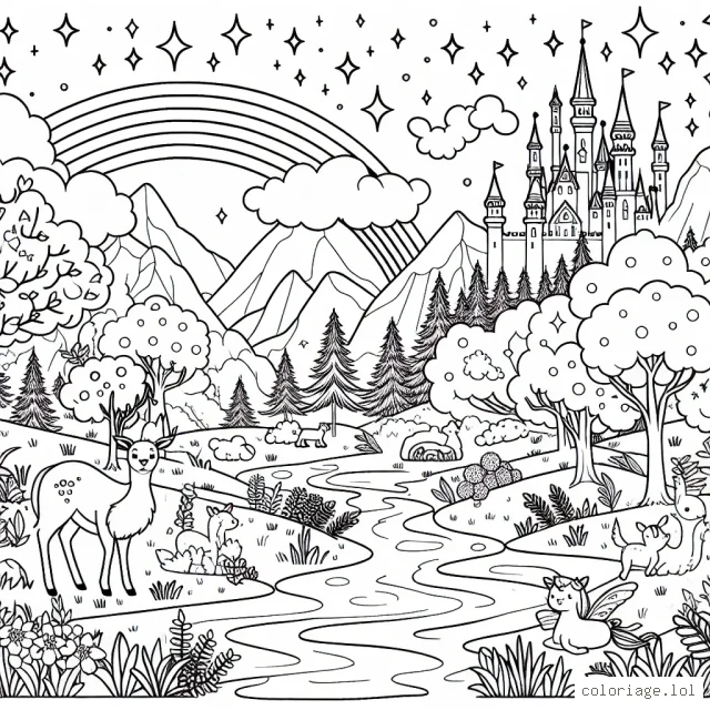Un paysage féerique de forêt avec des animaux, un arc-en-ciel, une rivière qui scintille et un château brillant dans le lointain.