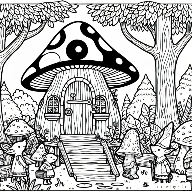 Un champignon maison dans une forêt enchantée avec des lutins et des animaux