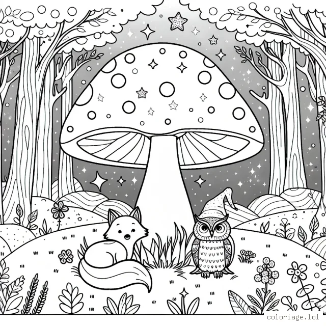 Imagine une scène féerique dans la forêt enchantée où vivent un renard et une chouette sous un grand champignon magique.