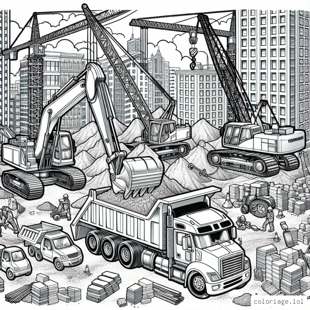 Plonge toi dans un univers de construction avec ce dessin montrant une scène dans un chantier ! Regarde ces tractopelles, les grues tournoyantes et les travailleurs en action. Imagine les couleurs vives des équipements de construction et donne-leur vie ! Il y a même un camion à benne basculante déversant un tas de sable. Des briques et des planches attendent d'être assemblées pour construire le plus beau des bâtiments. Un chantier plein de vie qui nécessite tes plus belles couleurs pour s'illuminer !