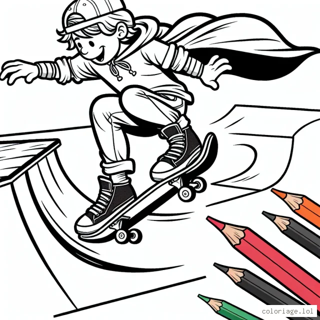 Fais éclater ton amour pour les sports extrêmes en coloriant une scène passionnante d'un skateboarder exécutant une figure audacieuse sur une demi-lune!
