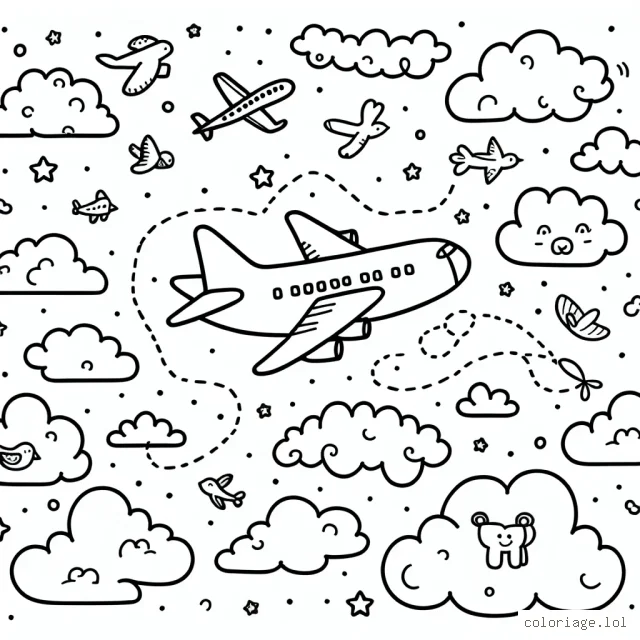 Imagine un avion naviguant à travers un ciel parsemé de nuages moelleux en forme d'animaux, d'oiseaux et d'autre avion.