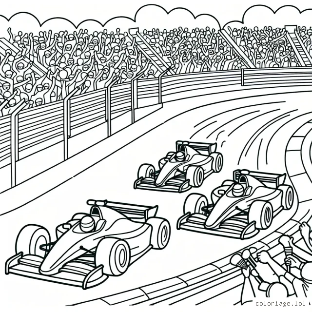 Un dessin de trois voitures de course multicolores bagarrant pour la première place pendant une course sur une piste pleine de tours et de virages serrés, avec dans les gradins une foule de supporters passionnés qui les encouragent.